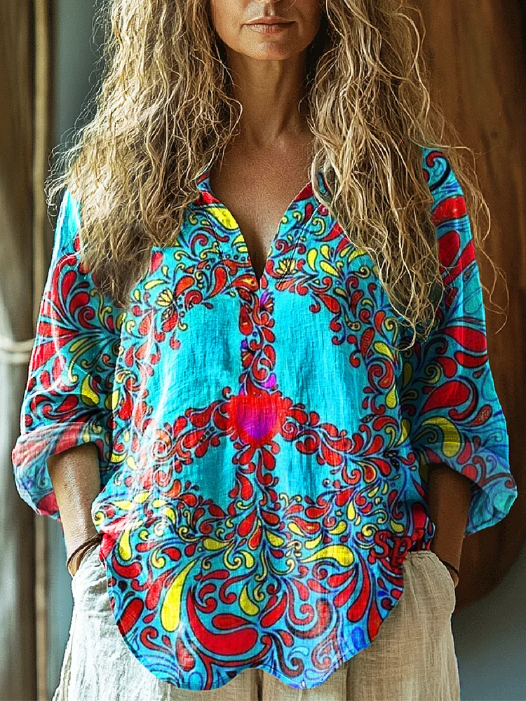 Women's Hippie Art Print Casual Linen V-neck Shirt
