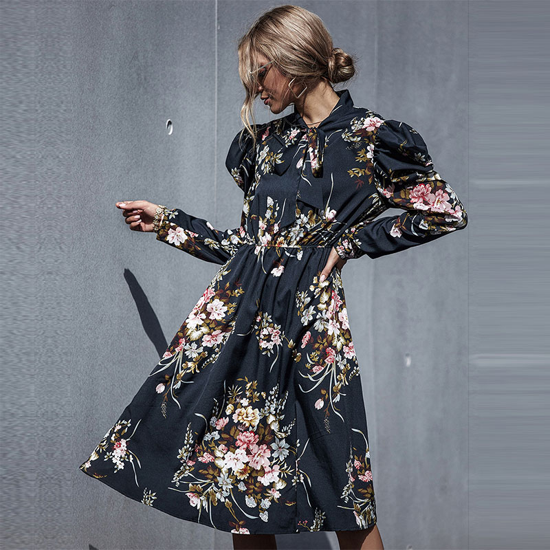 Autumn Elegant Fashion Slim Floral Dress High Wasit Butterfly Sleeve Black Dress