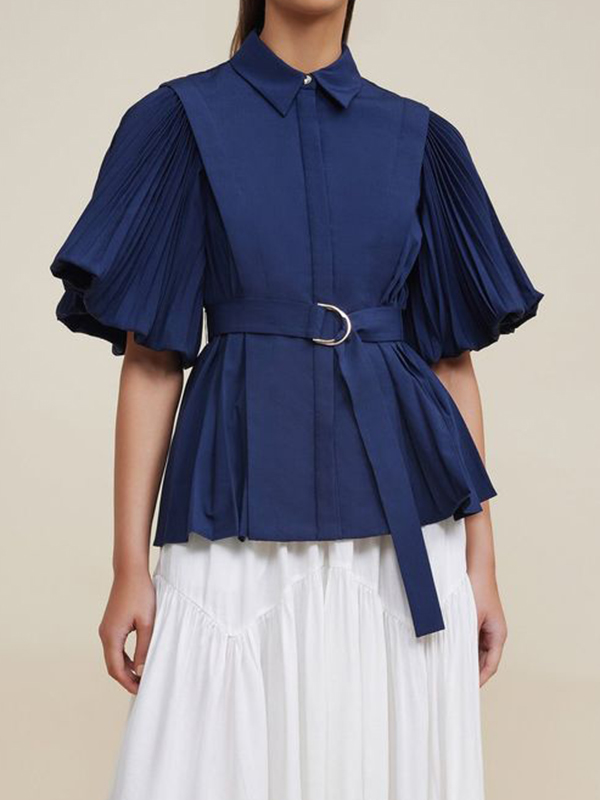 Lapel Ruched Short Sleeves Belted Blouses