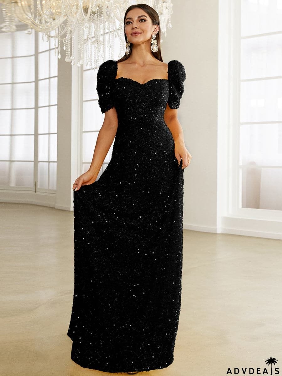 Light Yellow Floor Length Puff Sleeve Sequin Dress XJ1509