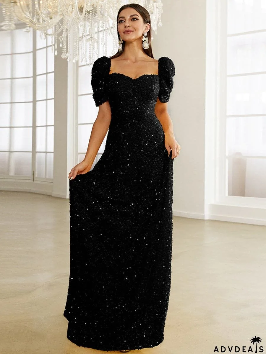 Light Yellow Floor Length Puff Sleeve Sequin Dress XJ1509