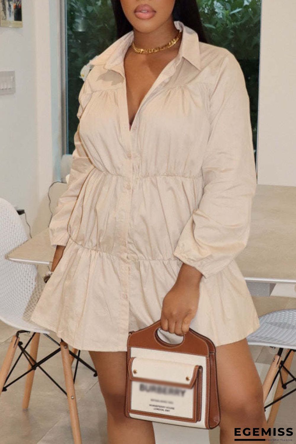 Cream White Casual Solid Patchwork Buckle Fold Turndown Collar A Line Dresses | EGEMISS