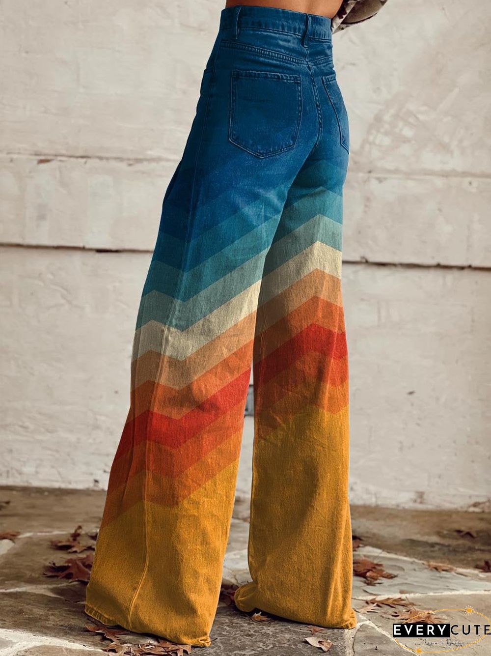 Women's Orange and Blue Stripes Print Casual Wide Leg Pants