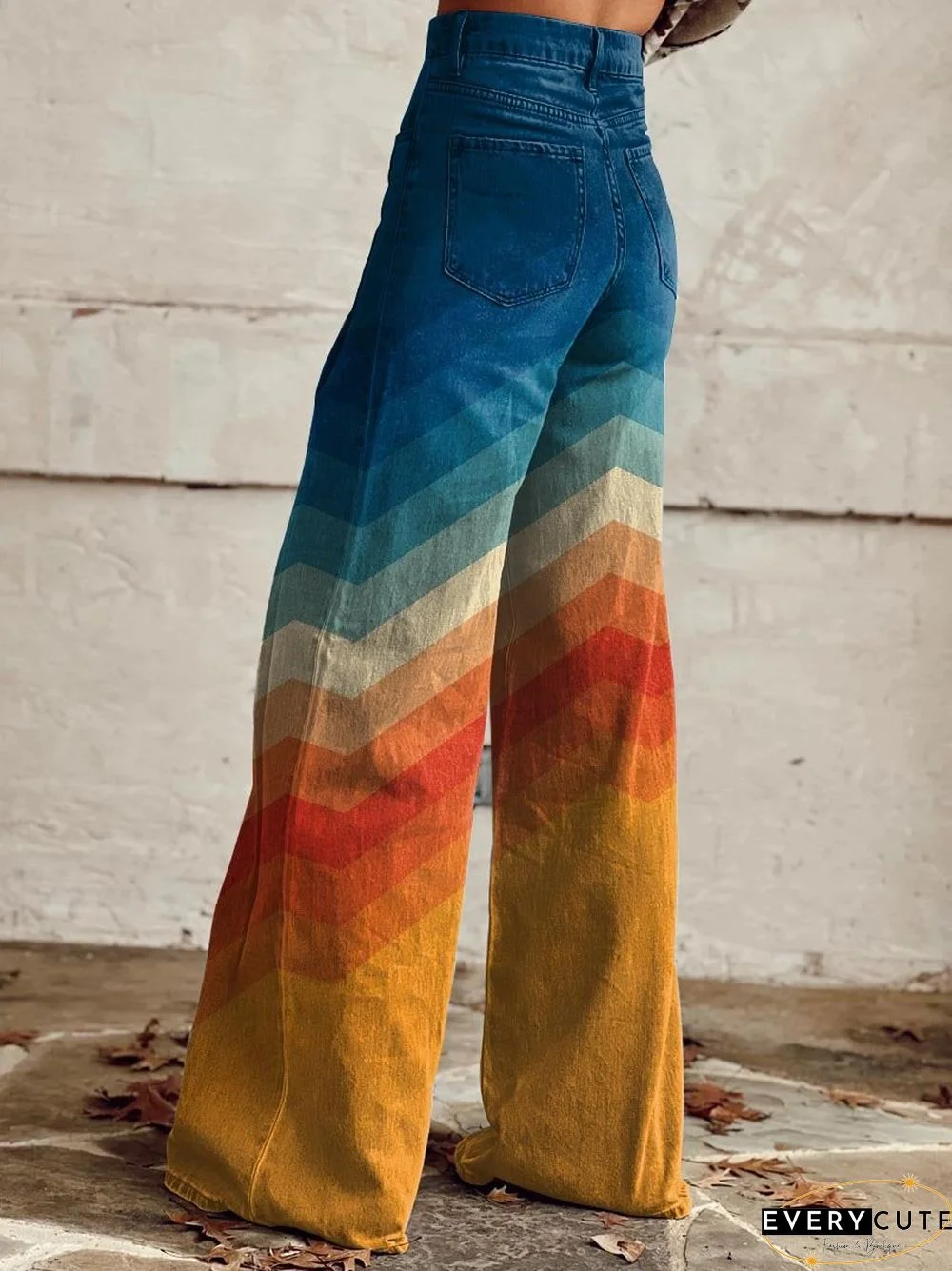 Women's Orange and Blue Stripes Print Casual Wide Leg Pants