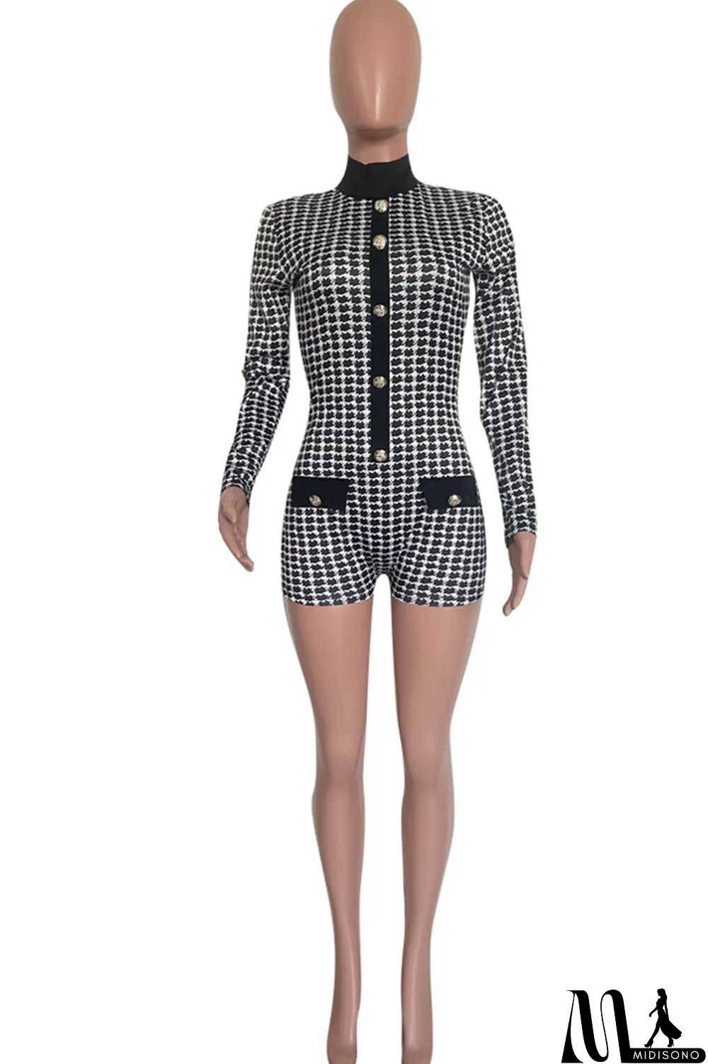 MidiSono - White Fashion Casual Print Patchwork Turtleneck Long Sleeve Skinny Romper