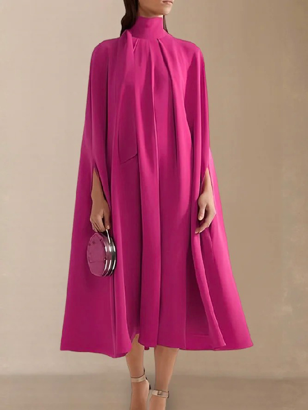 Simple Batwing Sleeves Lace-Up Solid Color High-Neck Midi Dresses FUSCHIA-XL