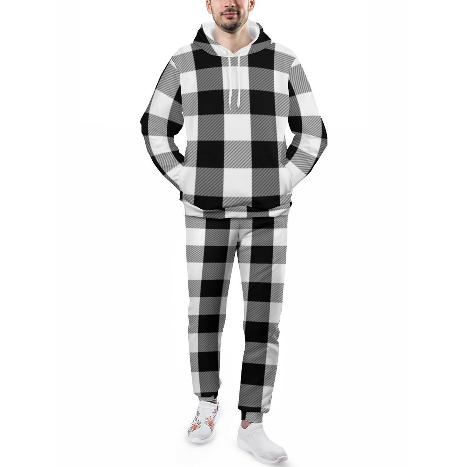 Black And White Lumberjack Flannel Plaid Pattern Men's Tracksuit 2 Piece Hoodie Sweatsuit Sets Casual Jogging Athletic Suits