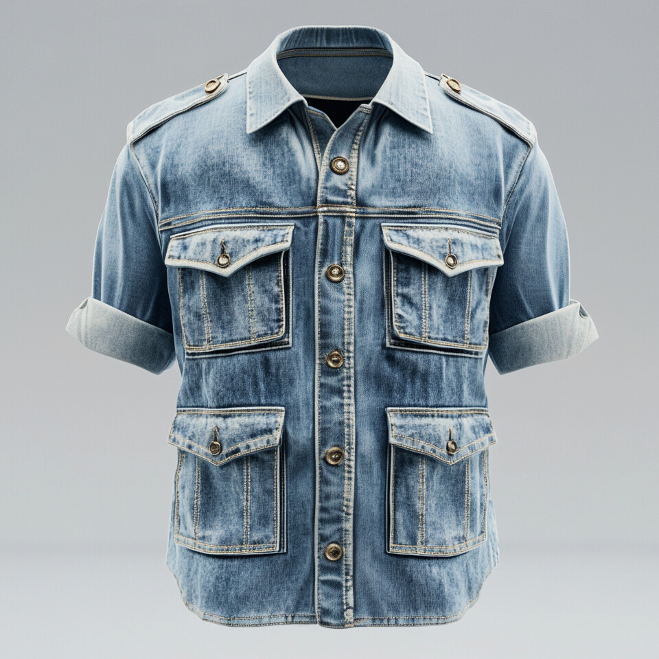 Men's Turndown Collar Long Sleeve Flap Pocket Denim Safari Shirt