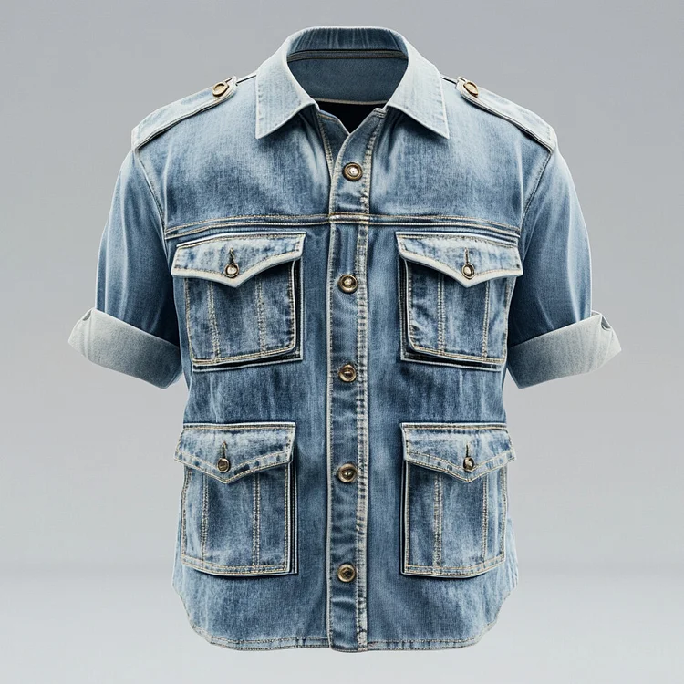 Men's Turndown Collar Long Sleeve Flap Pocket Denim Safari Shirt