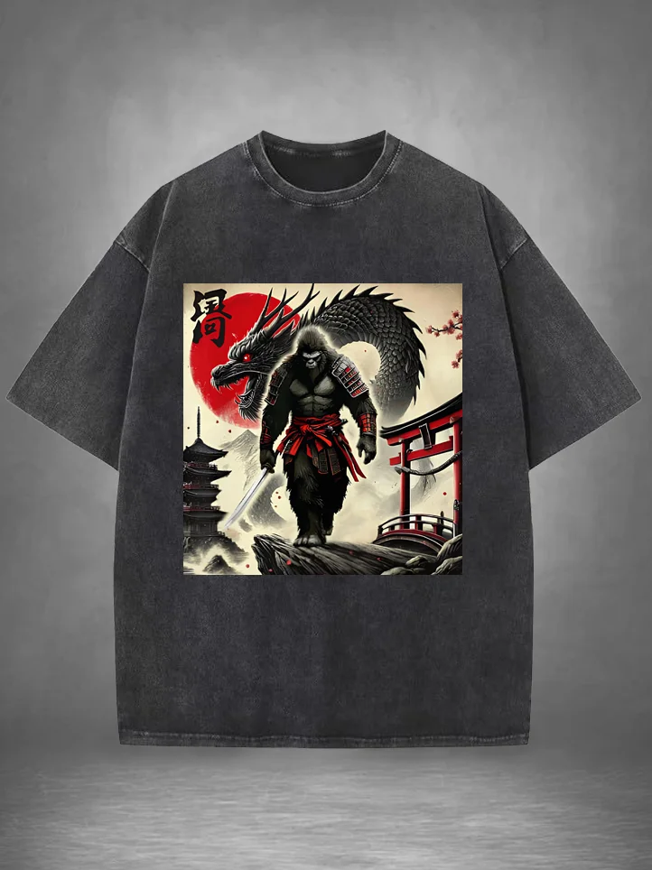 Men's Japanese Art Dragon Gorilla Samurai Print Cotton Washed T-Shirt