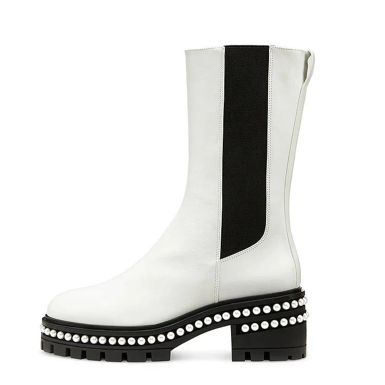Elegant White Studs Boot Women's Round Toe Block Heel Mid Calf Boots |FSJ Shoes