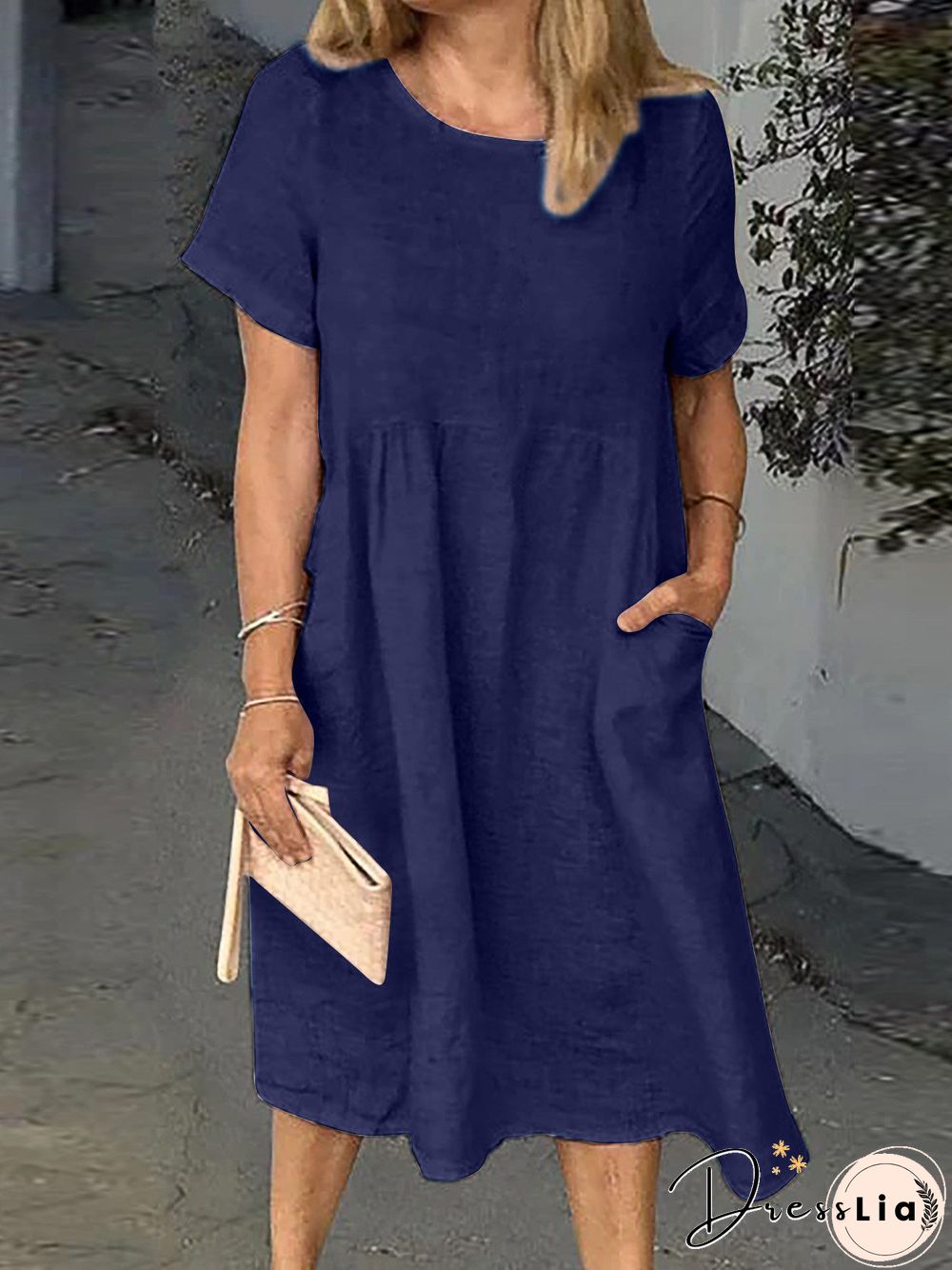 Women'S Dresses Round Neck Short Sleeve Pocket Casual Dress