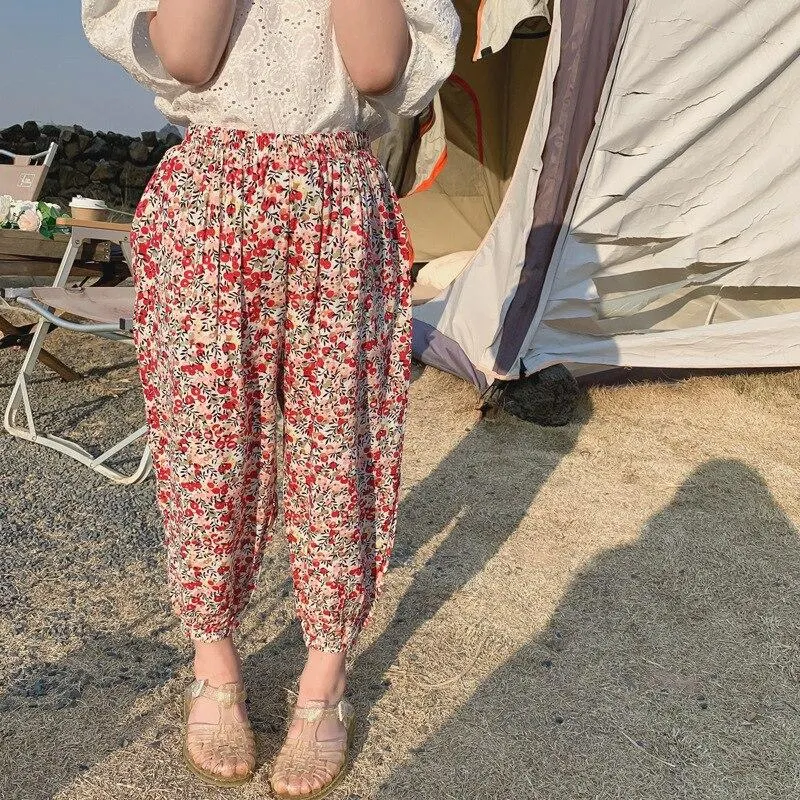 2-8T  Flower Print Pant For Girls Toddler Kid baby Clothes Spring Summer Loose Floral Elegant Cute Sweet Cotton Beach Trousers