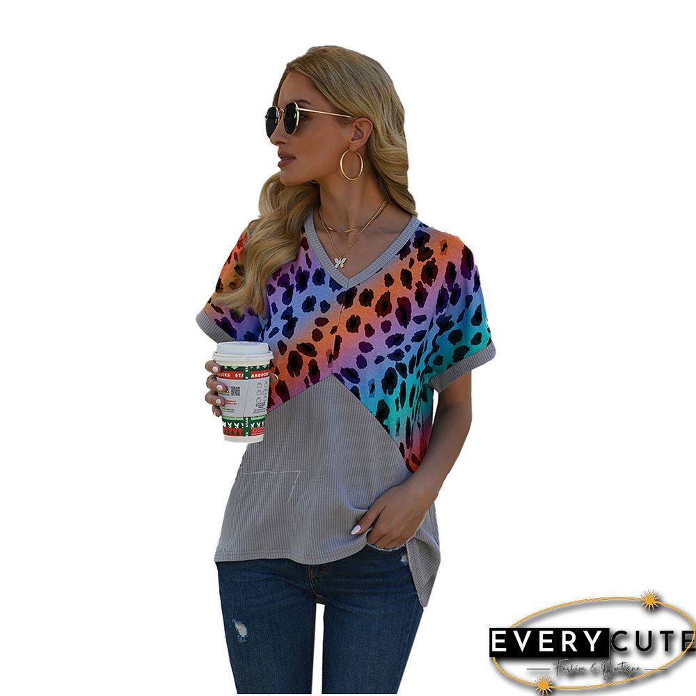 Orange Leopard Print Splicing Gray Waffle Top