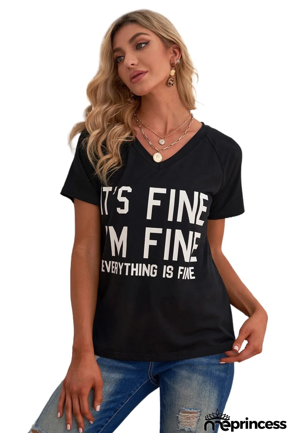IT'S FINE I'M FINE EVERYTHING IS FINE Black V Neck T-shirt