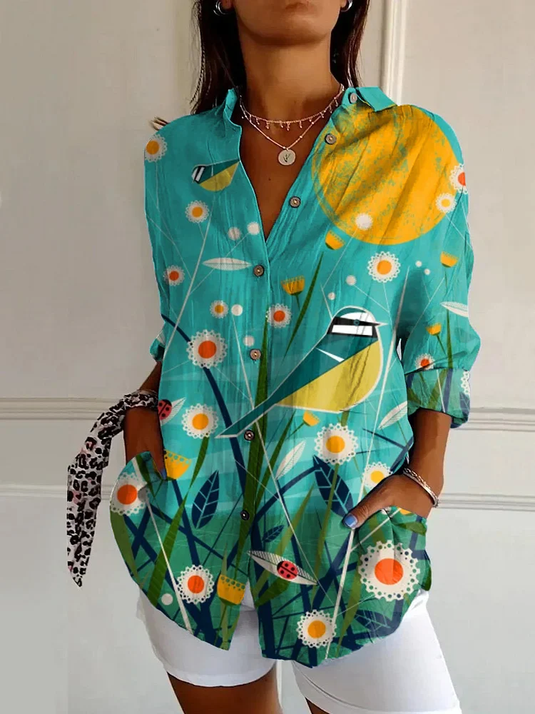 Vintage Bird and Floral Art Print Casual Long Sleeve Shirt
