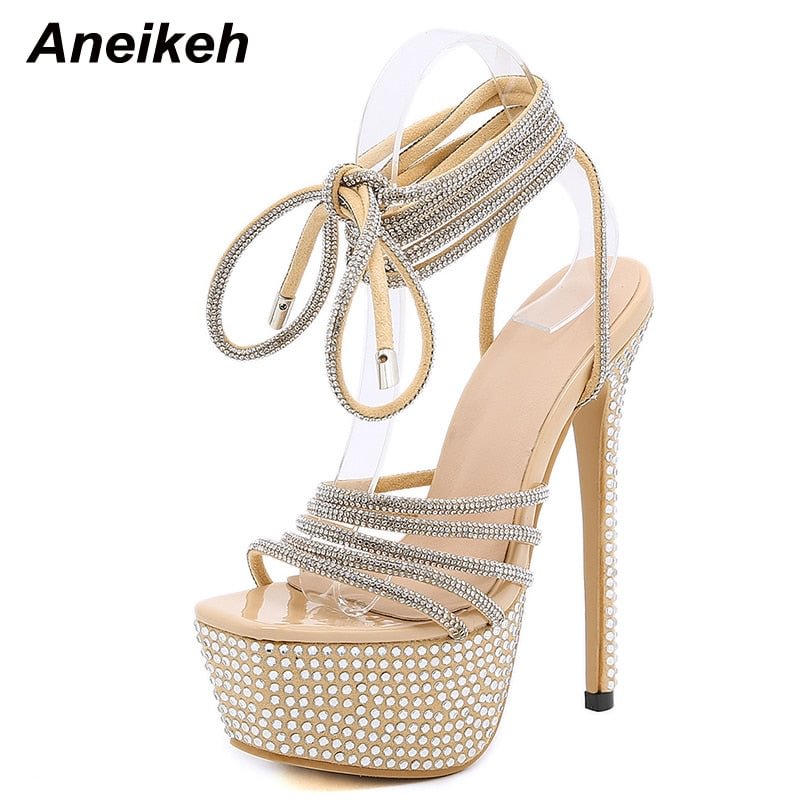 AneikehRhinestone Strap Cross Sexy GLADIATOR Platform Sandals For Women Open toe Bling Crystal High Heel Sandals Nightclub Shoes
