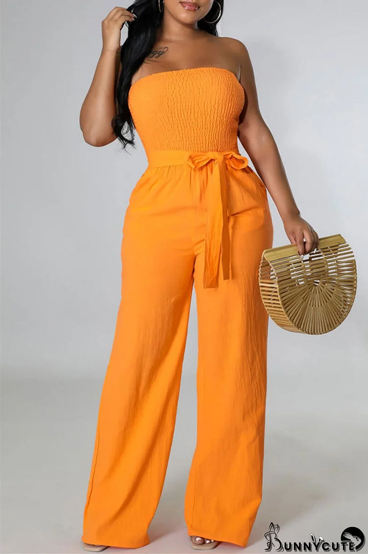 Orange Fashion Casual Solid Backless Strapless Regular Jumpsuits