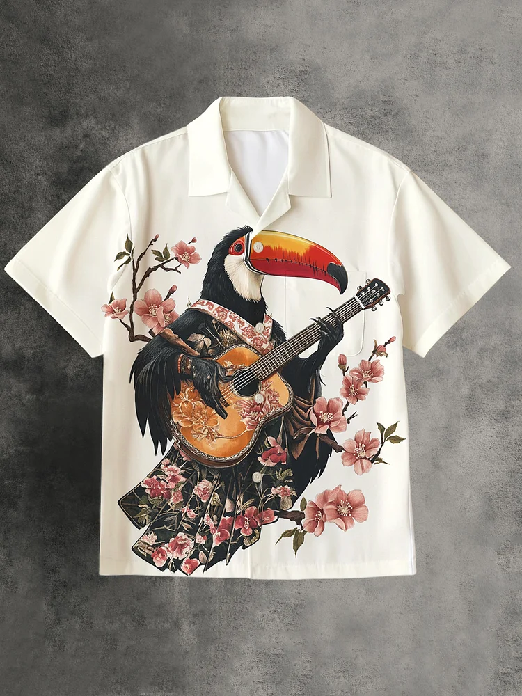 Men's Woodpecker Playing Guitar Floral Art Print Shirt