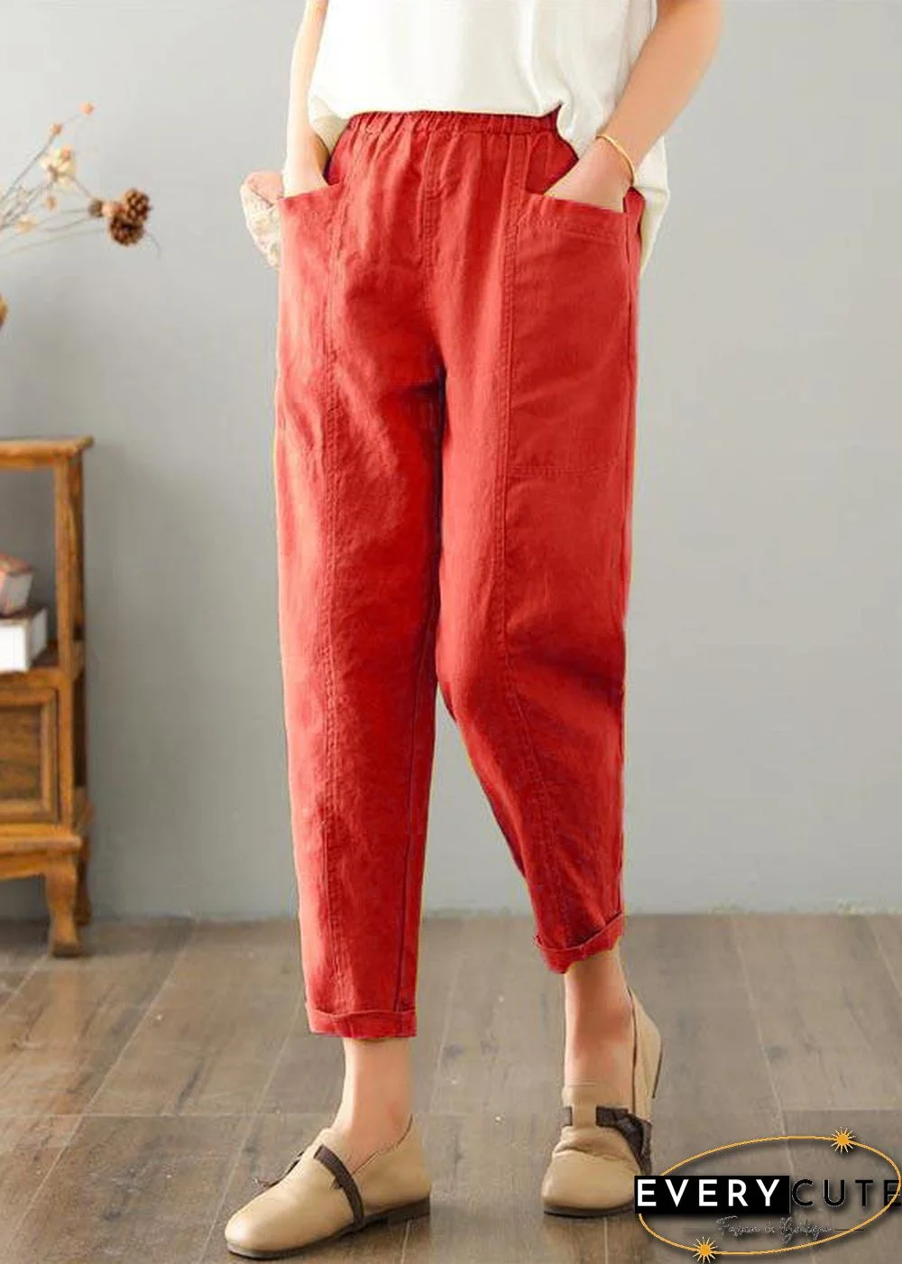 Natural Red Pockets Cotton Linen  Pants Summer