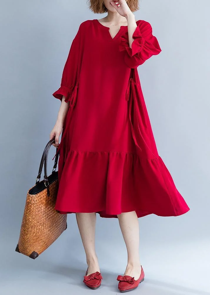 French Red Ruffle Stie Waist Spring Summer Dress