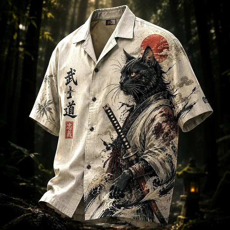 Men's Retro Japanese Samurai Black Cat Print Casual Short Sleeve Shirt