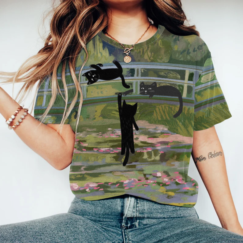 Comstylish Oil Painting Black Cat Print Round Neck T-Shirt