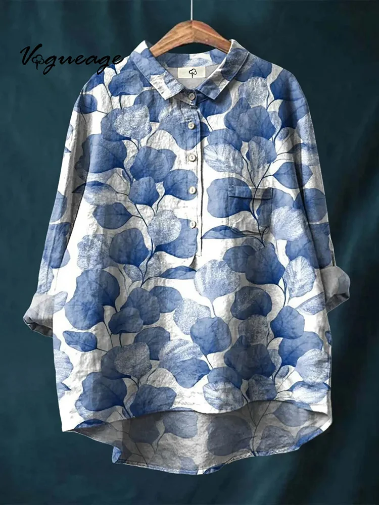 Simple And Plain Plant Leaves Print Cotton And Linen Shirt
