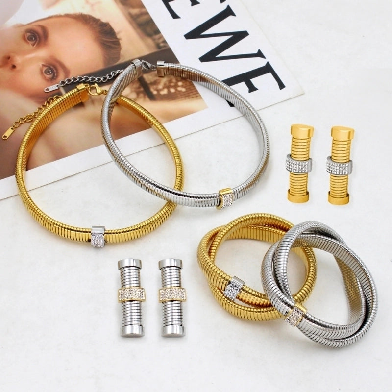 Minimalist Geometric 304 Stainless Steel Zircon Inlay Bracelets Earrings Necklace