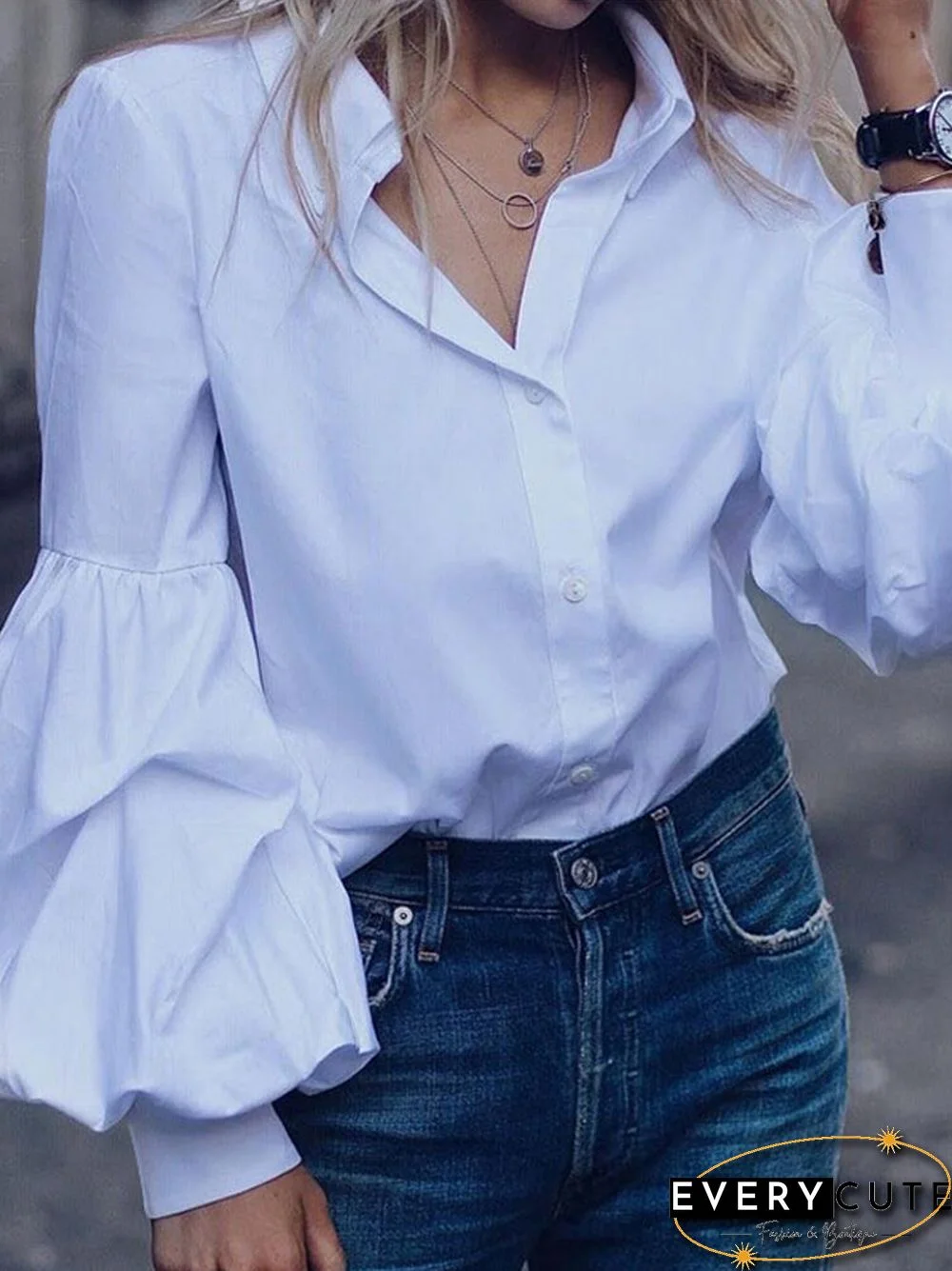Solid Color Turn Down Collar Button Down Bishop Blouse