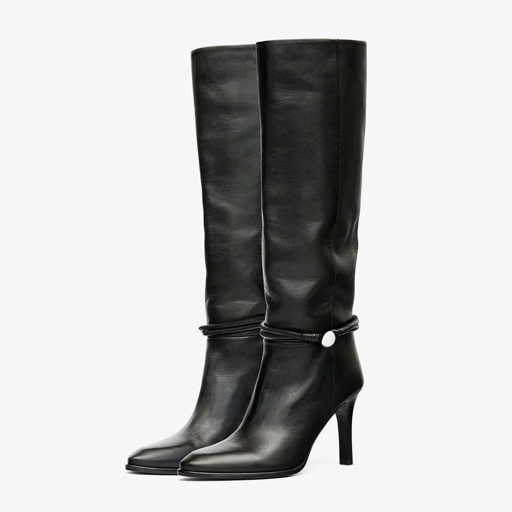 Elegant Black Pointed Toe Stiletto High Heel Tall Boots for Women