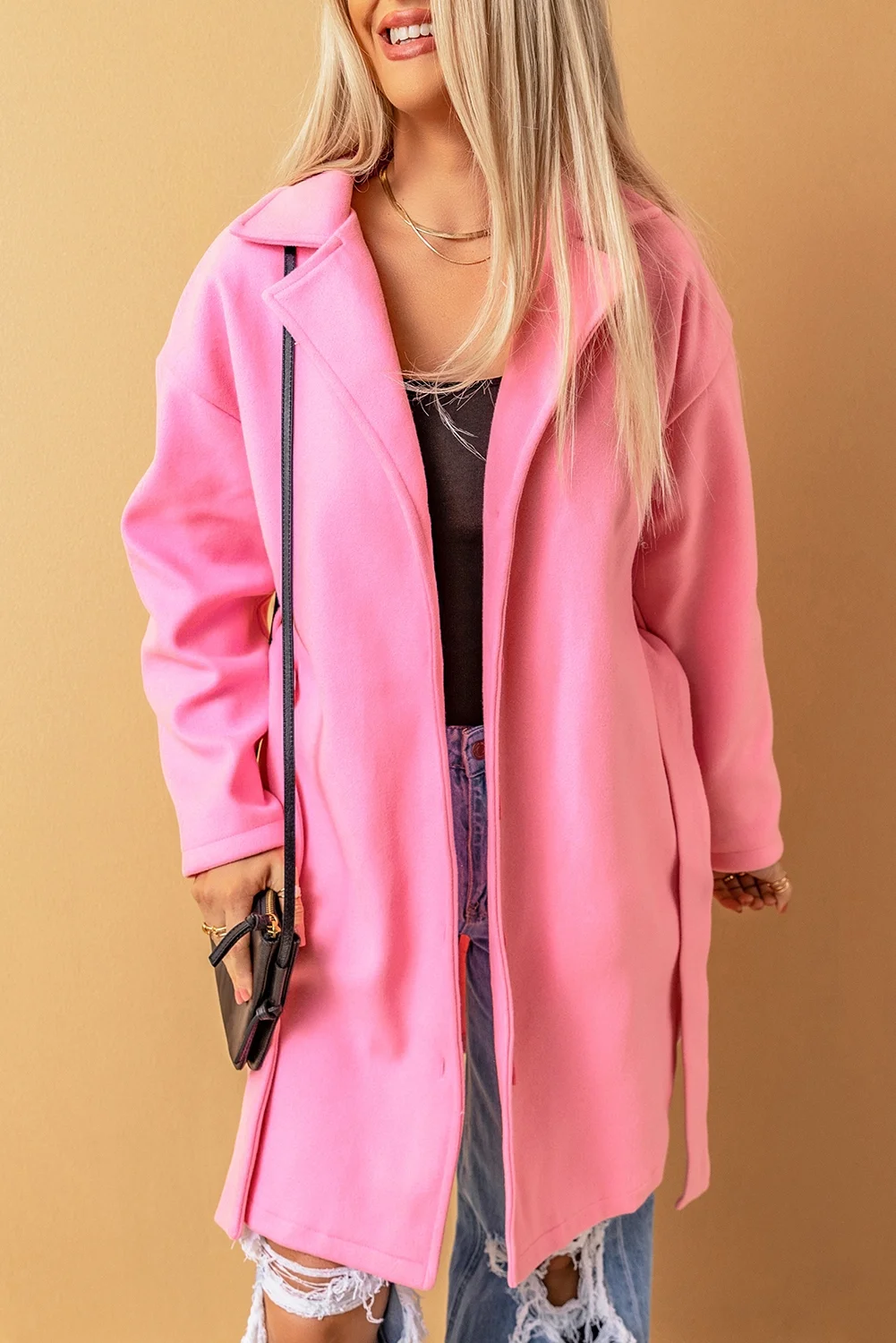 Pink Solid Color Buttoned Coat with Tie | IFYHOME