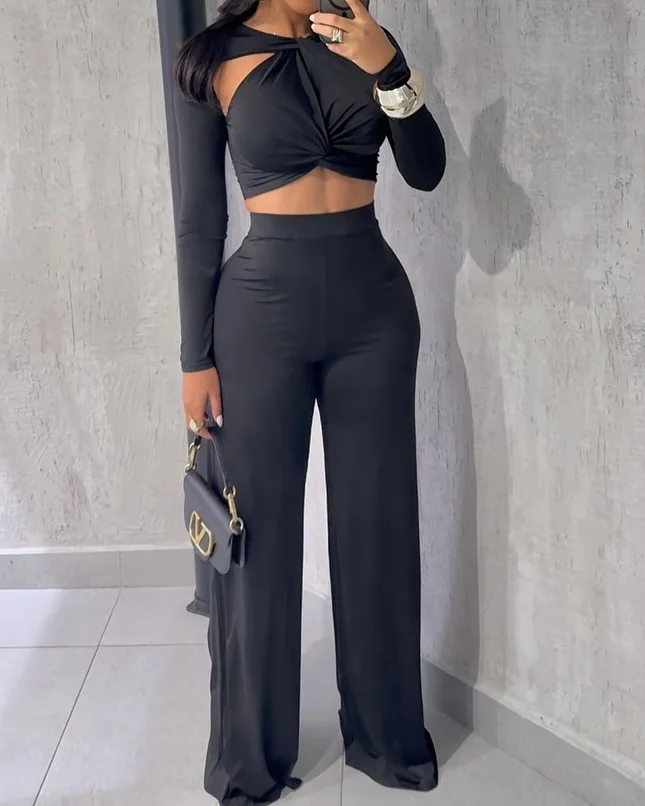 Long-sleeved Hollow Pleated Top and Pants Two-piece Set