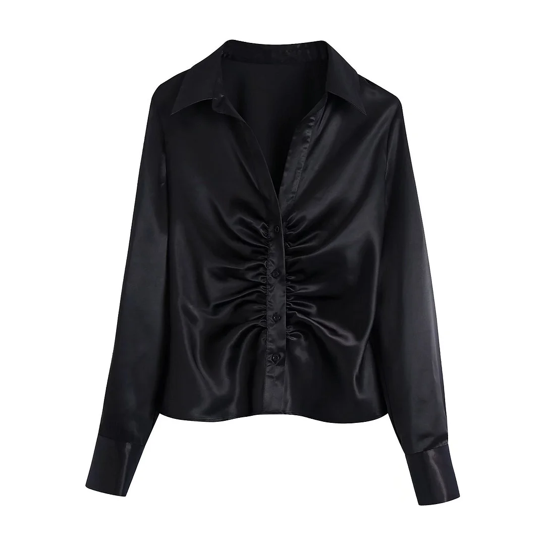 Zevity Women Elegant Pleated Design Black Satin Slim Blouse Office Ladies Single Breasted Shirts Chic Chemise Blusas Tops LS9724