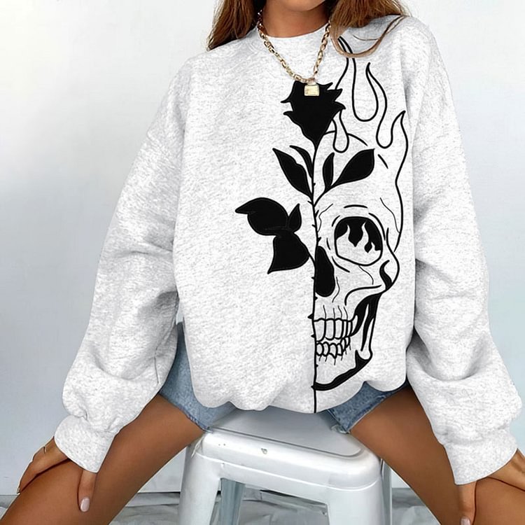 Rose Skull Print Crewneck Sweatshirt