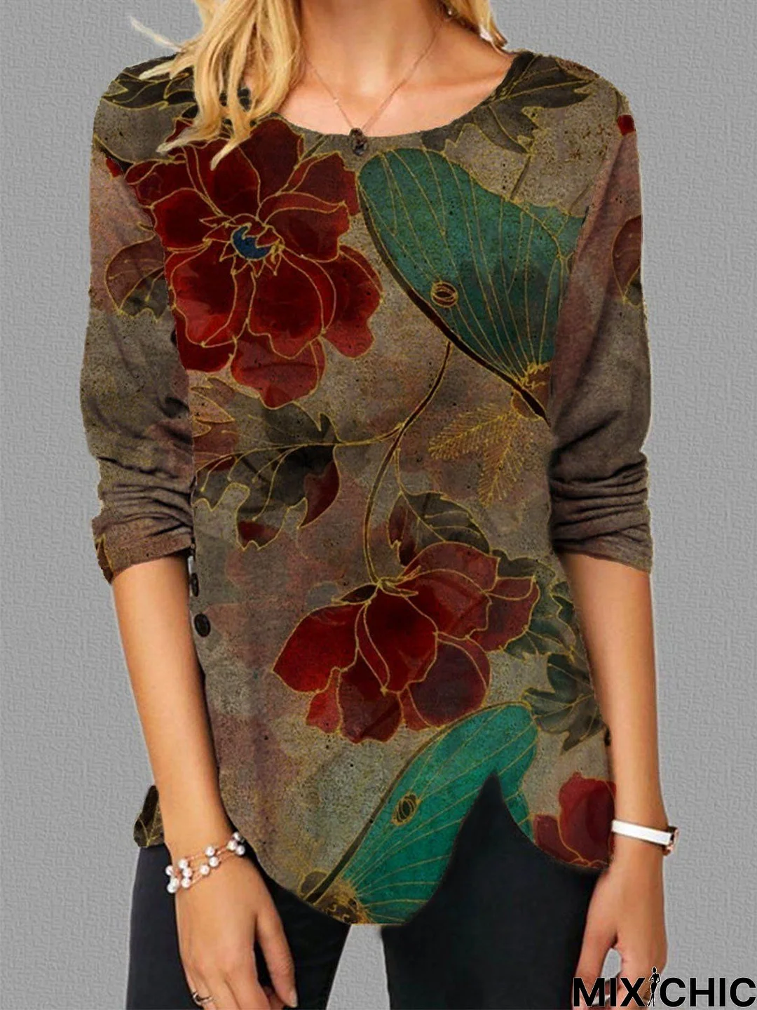 Round Neck Printed Vintage Cotton-Blend Tops