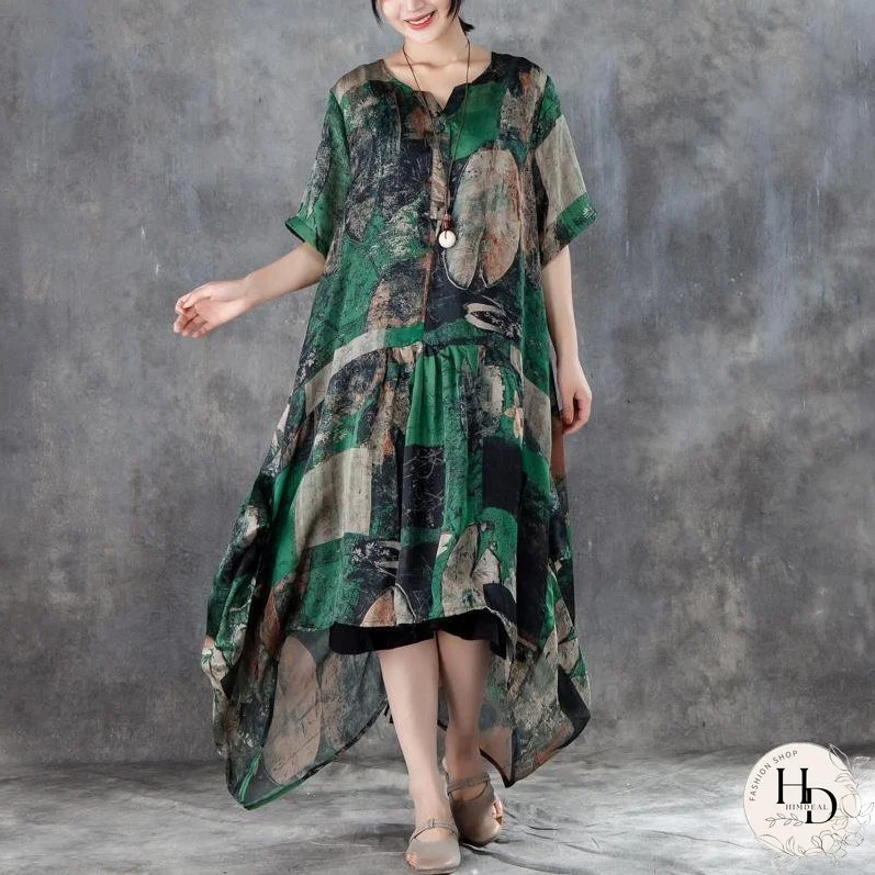 Women Short Sleeve Irregular Retro Printed Dress