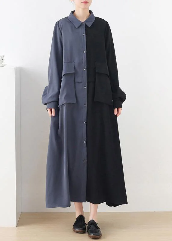 Plus Size Black Patchwork Blue Button Chiffon Spring Dress