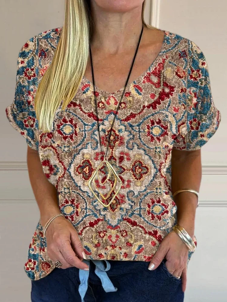 Women's Vintage Lovely Floral Art Print Casual Cotton And Linen Shirt