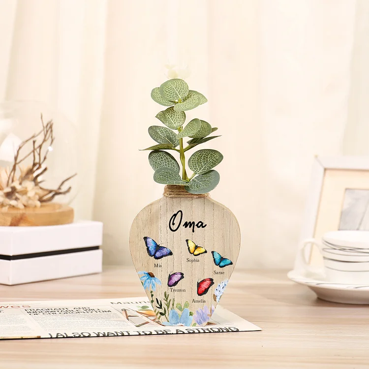 Kettenmachen Holz Personalisierter 5 Namen & Text Bunt Schmetterling & Blumen Familie Vase