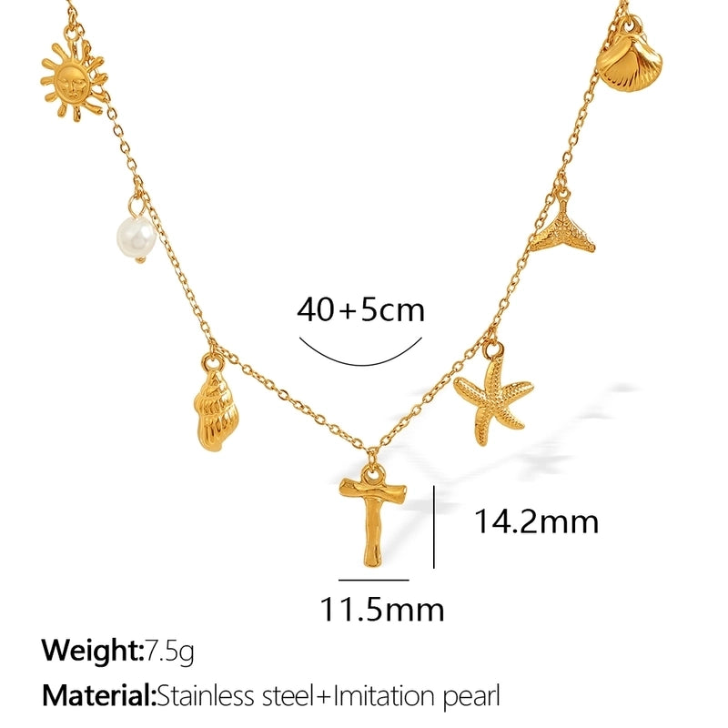 Beach Starfish 304 Stainless Steel Artificial Pearls 18K Gold Plated Polishing Inlay Pendant Necklace