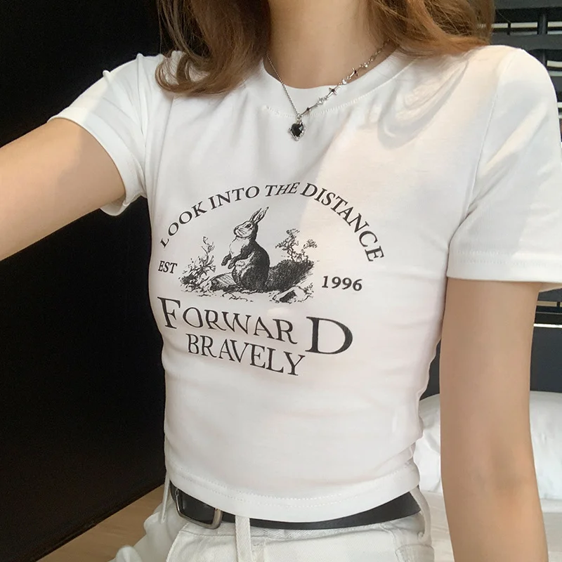 Ueong Shoulder Short-Sleeved T-Shirt Female Designer Spice Girl Style Slim Summer T-Shirt Tight Short T-Shirt