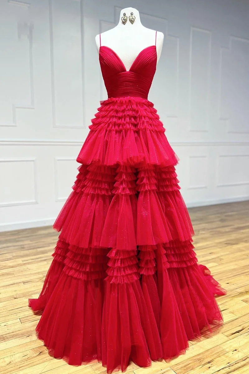 Bellasprom Red Spaghetti-Straps Evening Dress Sleeveless Tulle Layered Bellasprom
