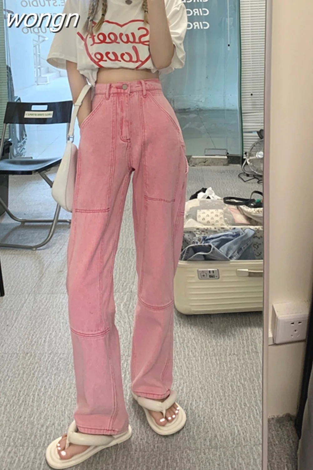 wongn Women&#39;s Jeans High Waist New 2023 Summer Pink Streetwear Korean Fashion Baggy Wide Leg Trouser Casual Mom Straight Denim Pants