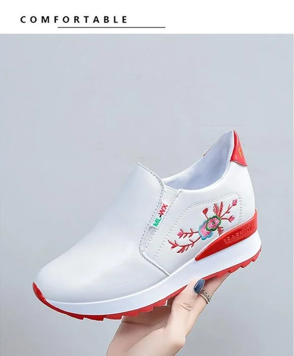 NEW Brand Women Casual Shoes Woman Sneakers Fashion Breathable PU Leather Platform White Women Shoes Soft Footwears Embroidered