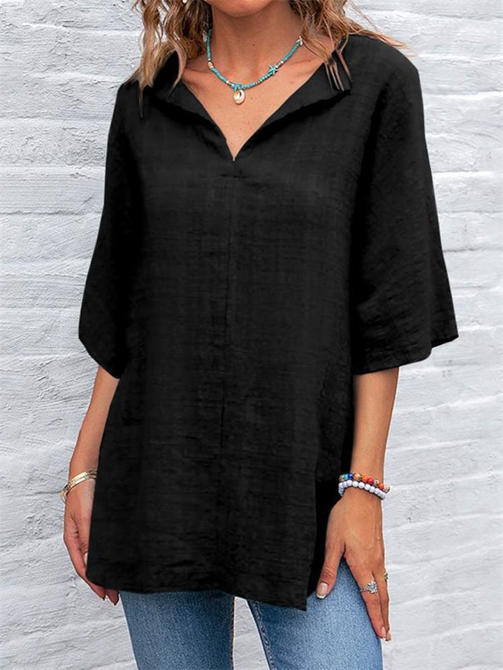 3/4 Sleeve V-neck Casual Top Vintage Breathable Solid Color Shirt Female -vasmok