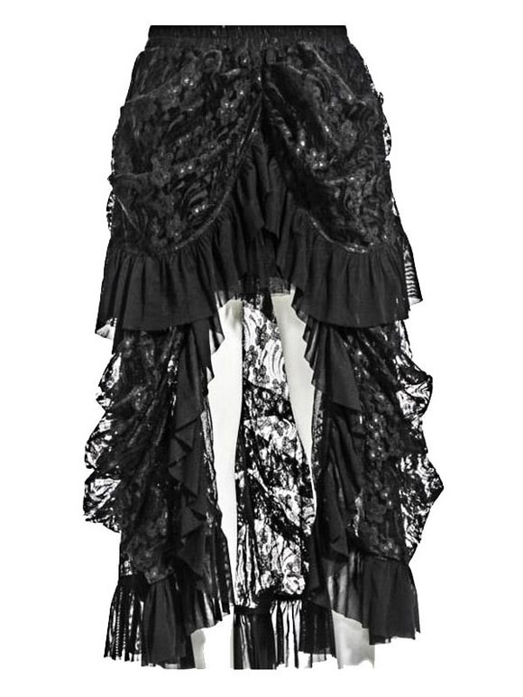 Black Steampunk Burlesque Gothic High Low Ruffles Lace Skirt Women Retro Dress Novameme