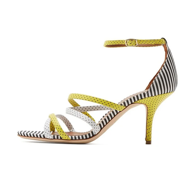 Yellow Polka Dot Stiletto Ankle Strap Sandals - White Vdcoo