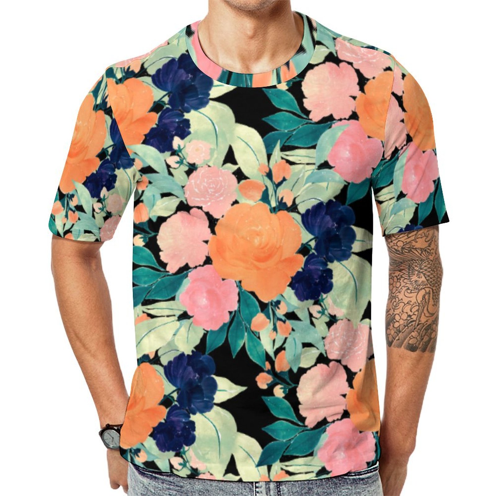 Elegant Blue Pink Orange Flowers Black Floral Short Sleeve Print Unisex Tshirt Summer Casual Tees for Men and Women Coolcoshirts