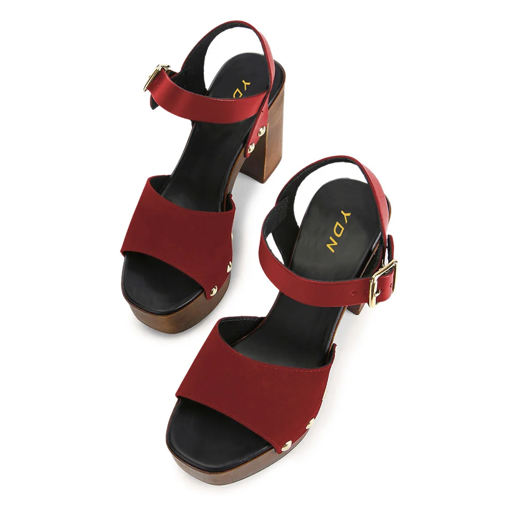 Red Patchwork Open Toe Ankle Strap Studded Platform Heel Sandals